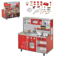HOMCOM® Kinderküche und Kinder Feuerwehrhaus 2-in-1 Spielküche mit Zubehör 3+ Kiefer MDF(m-1)