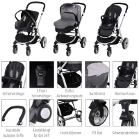 HOMCOM® Kinderwagen 3-in-1 Buggy Babyschale Babywanne Auto-Kindersitz 0-36 Monate Grau(m-6)