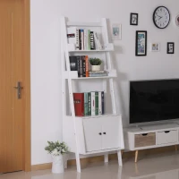 HOMCOM® Standregal Stufenregal Bücherregal Leiterregal mit Schrank 3 x Fach 1 x Schrank Holz Weiß 65 x 40 x 180 cm(m-1)