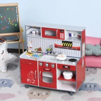 HOMCOM® Kinderküche und Kinder Feuerwehrhaus 2-in-1 Spielküche mit Zubehör 3+ Kiefer MDF(m-2)