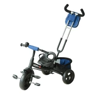 HOMCOM® Kinderdreirad mit Dach Lenkstange Kinderwagen Schieber Blau(m-3)