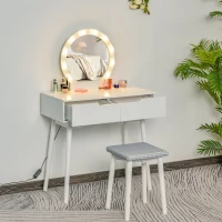 HOMCOM Schminktisch mit Hocker Kosmetiktisch mit LED Spiegel und 2 Schubladen Weiß, 80 x 40 x 125,5 cm(m-7)