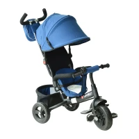 HOMCOM® Kinderdreirad mit Dach Lenkstange Kinderwagen Schieber Blau(m-1)
