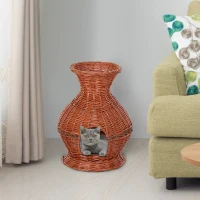 PawHut® Katzenhaus Katzenhöhle Korbhöhle Katzenbett mit Kissen Vasenform Weide Braun(m-1)