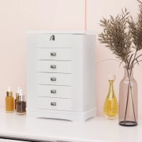 HOMCOM Tabletop Jewelry Box Organizer with Mirror, 6 Slots, Necklace Ring Earring Armoire Cabinet, Lockable Gift for Girls or Women, White(m-9)