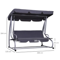 Outsunny Balancelle de Jardin 3 Places Convertible Toit Inclinaison réglable 2 tablettes Support 2L x 1,2l x 1,64H m métal époxy Noir Polyester gris(m-3)