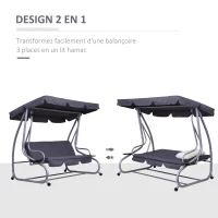Outsunny Balancelle de Jardin 3 Places Convertible Toit Inclinaison réglable 2 tablettes Support 2L x 1,2l x 1,64H m métal époxy Noir Polyester gris(m-4)