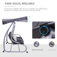 Outsunny Balancelle de Jardin 3 Places Convertible Toit Inclinaison réglable 2 tablettes Support 2L x 1,2l x 1,64H m métal époxy Noir Polyester gris(m-5)
