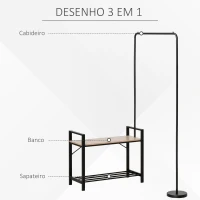 HOMCOM Suporte para Cabides com Sapateiro e Banco 3 em 1 Cabideiro Giratório 360° com Prateleira 159x30x159cm Preto e Madeira(m-5)