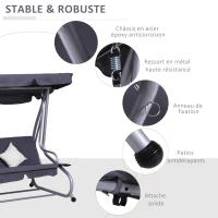 Outsunny Balancelle de Jardin 3 Places Convertible Toit Inclinaison réglable 2 tablettes Support 2L x 1,2l x 1,64H m métal époxy Noir Polyester gris(m-6)