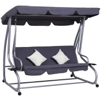 Outsunny Balancelle de Jardin 3 Places Convertible Toit Inclinaison réglable 2 tablettes Support 2L x 1,2l x 1,64H m métal époxy Noir Polyester gris(m-1)