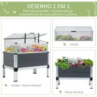 Outsunny Horta Elevada de Alumínio 78,5x47x74,5cm Estufa com Cobertura de Policarbonato e Teto Retrátil para Cultivos de Plantas Flores Cinza(m-4)