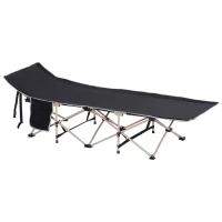 Outsunny Single Person Camping Bed Folding Cot Outdoor Patio Portable Military Sleeping Bed Travel Guest Leisure Fishing with Side Pocket and Carry Bag - Black(m-11)