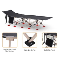 Outsunny Single Person Camping Bed Folding Cot Outdoor Patio Portable Military Sleeping Bed Travel Guest Leisure Fishing with Side Pocket and Carry Bag - Black(m-5)