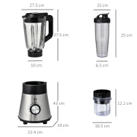HOMCOM Frullatore Elettrico 1000W Multifunzione 4 in 1, Smoothie Maker e Tritatutto da 1.5L(m-3)