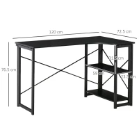 HOMCOM Scrivania Angolare a Scomparsa Pieghevole con 2 Ripiani Laterali in Legno e Metallo, Nera, 120x72.5x76.5cm(m-3)