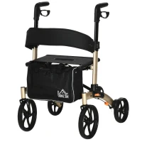 HOMCOM Rollator mit Stuhl Faltbarer Gehwagen Gehhilfe für Senioren mit 4 Rädern Stauraum Bremse höhenverstellbar Leichtgewicht Aluminium Gold+Grau 67 x 64 x 80-92 cm(m-1)