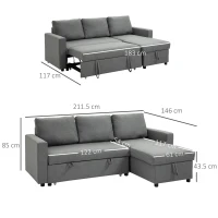 HOMCOM Canapea cu 3 Locuri și Spațiu de Depozitare, Canapea din Material Textil și Perne cu Huse Detașabile, 211.5x146x85 cm, Gri(m-3)