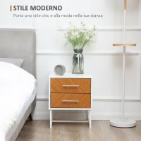 HOMCOM Comodino Moderno a 2 Cassetti in Metallo e Legno 40x39x48cm Marrone e Bianco(m-5)