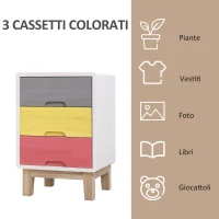 HOMCOM Cassettiera con 3 Cassetti Colorati in Legno, Comodino Elegante, Comò per Camera e Salotto, 30x34x51cm(m-6)