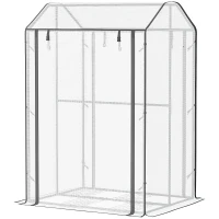 Outsunny Mini Greenhouse with Shelves Portable Garden Grow House Tomato Greenhouse for Plants with Roll Up Door and Vents, 100 x 80 x 150cm, White(m-11)