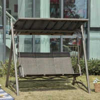 Outsunny 3 Seater Rattan Swing Chair Garden Swing Bench Patio Outdoor Hanging Porch Swing with Adjustable Canopy, Aluminum Frame, Brown(m-2)