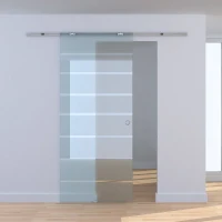 HOMCOM 90cm Modern Sliding Door Include Hardware Track System Kit, Frosted Stripe Glass Door, Round Handle(m-2)