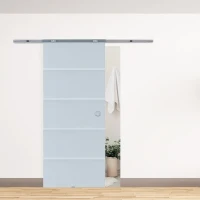 HOMCOM 77.5cm Modern Sliding Door Include Hardware Track System Kit, Frosted Stripe Glass Door, Round Handle(m-5)
