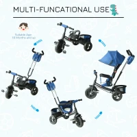 HOMCOM 4 in 1 Tricycle for Kids Toddler Trike with Parent Handle Push Along Pedal Trike Removable Canopy Safety Belt Storage Footrest for 18 Months to 5 Years Blue(m-4)