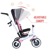 HOMCOM Kids Tricycle 4 In 1 Children's Push Trike Detachable Canopy Ride On 3 Wheels Safety Guard Pink(m-7)