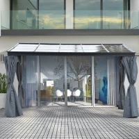 Outsunny 4 x 3(m) Outdoor Hardtop Gazebo with Curtains, Lean to Aluminium Pergola with Polycarbonate Roof, Garden Pavilion Sun Shade Shelter, Grey(m-12)
