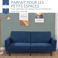 HOMCOM Canapé Convertible 2 Places Dossier inclinable 3 Positions Pieds Bois Eucalyptus Velours 100% Polyester Bleu(m-4)