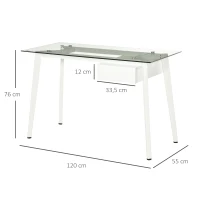 HOMCOM Bureau Informatique multimédia Design Contemporain tiroir Coulissant MDF Plateau Verre trempé châssis métal Blanc(m-3)