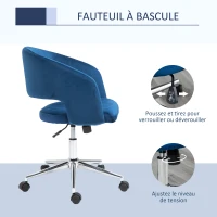 Vinsetto Chaise de bureau design contemporain hauteur réglable pivotant 360° piètement chromé velours bleu(m-6)