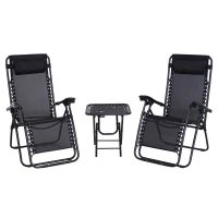 Outsunny 3pcs Sun Lounger Chairs with Table, Reclining Folding Garden Zero Gravity Chairs, Black(m-1)