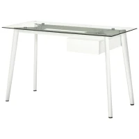 HOMCOM Bureau Informatique multimédia Design Contemporain tiroir Coulissant MDF Plateau Verre trempé châssis métal Blanc(m-1)