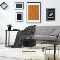 HOMCOM Tabouret rond style art déco châssis piètement acier doré assise aspect velours noir(m-7)