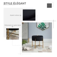 HOMCOM Tabouret rond style art déco châssis piètement acier doré assise aspect velours noir(m-4)