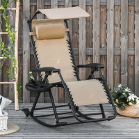 Outsunny Garden Rocking Chair Folding Recliner Outdoor Adjustable Sun Lounger Rocker Zero-Gravity Seat with Headrest Side Holder Patio Deck - Beige(m-2)