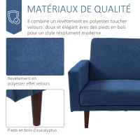 HOMCOM Canapé Convertible 2 Places Dossier inclinable 3 Positions Pieds Bois Eucalyptus Velours 100% Polyester Bleu(m-7)