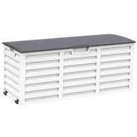 Outsunny Coffre de Jardin Malle de Rangement dim. 112L x 49l x 53H cm 2 roulettes polypropylène texturé Imitation Lattes de Bois Blanc Gris(m-1)