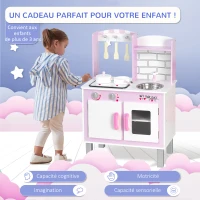 HOMCOM Cuisine Bois Jeu d'imitation - Cuisine Rose Enfant - Nombreux Accessoires & rangements Inclus - Fonction sonore - MDF pin Rose Blanc(m-6)