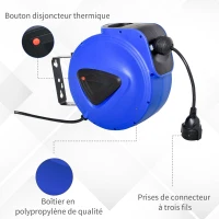 HOMCOM Enrouleur de câble électrique automatique 10 m - enrouleur électrique pivotant 180° support mural intégré bleu noir(m-7)