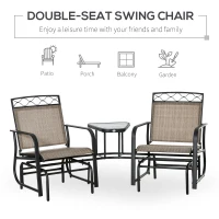 Outsunny Double Outdoor Glider Chair, 2 Seater Patio Rocking Chairs, Swing Bench with Tempered Glass Table, Breathable Mesh Fabric for Backyard, Garden, Porch, Brown(m-4)