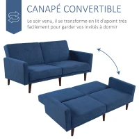 HOMCOM Canapé Convertible 2 Places Dossier inclinable 3 Positions Pieds Bois Eucalyptus Velours 100% Polyester Bleu(m-5)