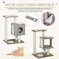 PawHut Arbre à chats design contemporain griffoirs grattoir jute naturelle grande niche plateformes coussins inclus MDF hêtre lin gris(m-6)