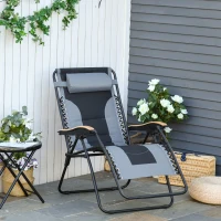 Outsunny Chaise Longue Pliable zéro gravité Dossier réglable Tablette tétière métal époxy Polyester Coton Gris Noir(m-2)