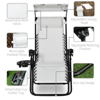 Outsunny Zero Gravity Garden Folding Patio Sun Lounger w/Cup Holder & Canopy Shade White(m-5)