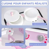 HOMCOM Cuisine Bois Jeu d'imitation - Cuisine Rose Enfant - Nombreux Accessoires & rangements Inclus - Fonction sonore - MDF pin Rose Blanc(m-7)