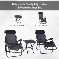 Outsunny 3pcs Sun Lounger Chairs with Table, Reclining Folding Garden Zero Gravity Chairs, Black(m-4)